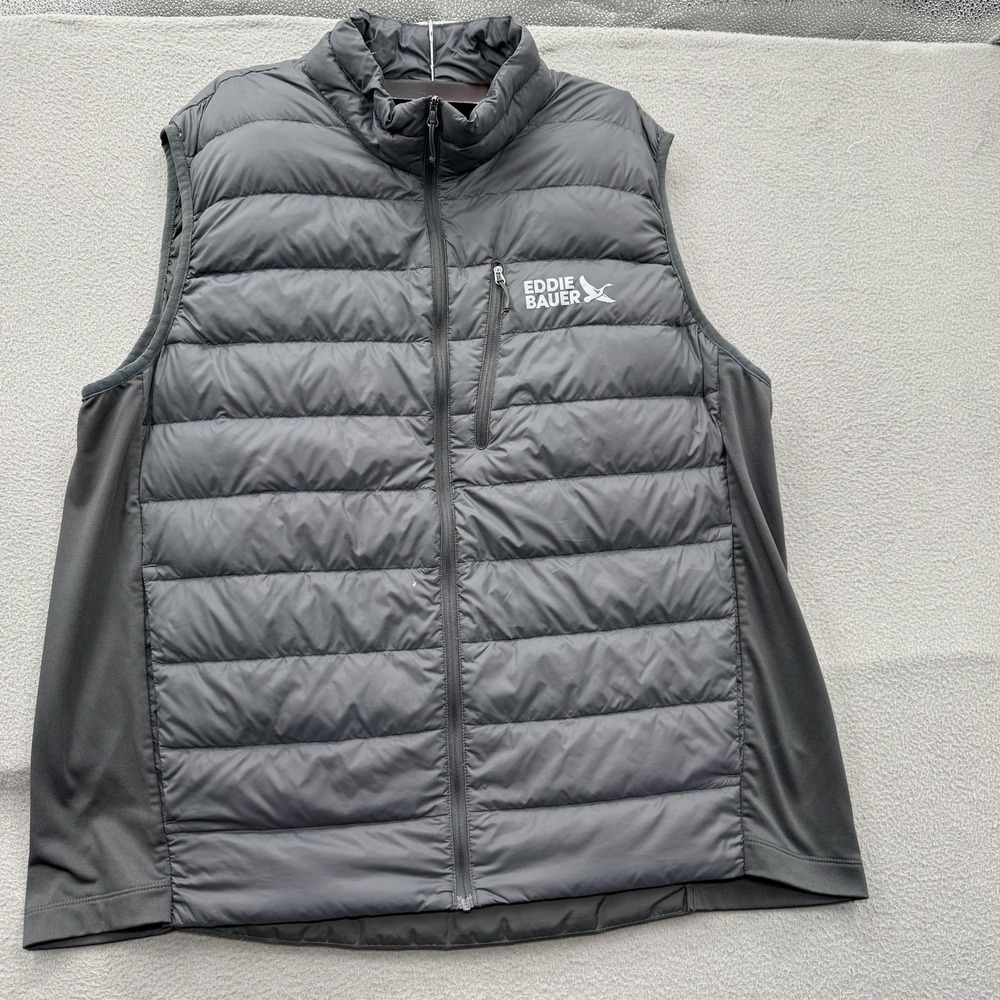 Eddie Bauer Puffer Vest Mens XL Gray 550 Down Full Zip Stretch Outdoor Pockets